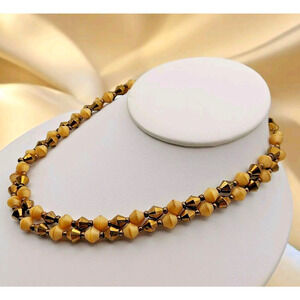 VTG West Germany Glass Bead Choker Necklace 16" Tan Metallic Bicone 2 Strand
